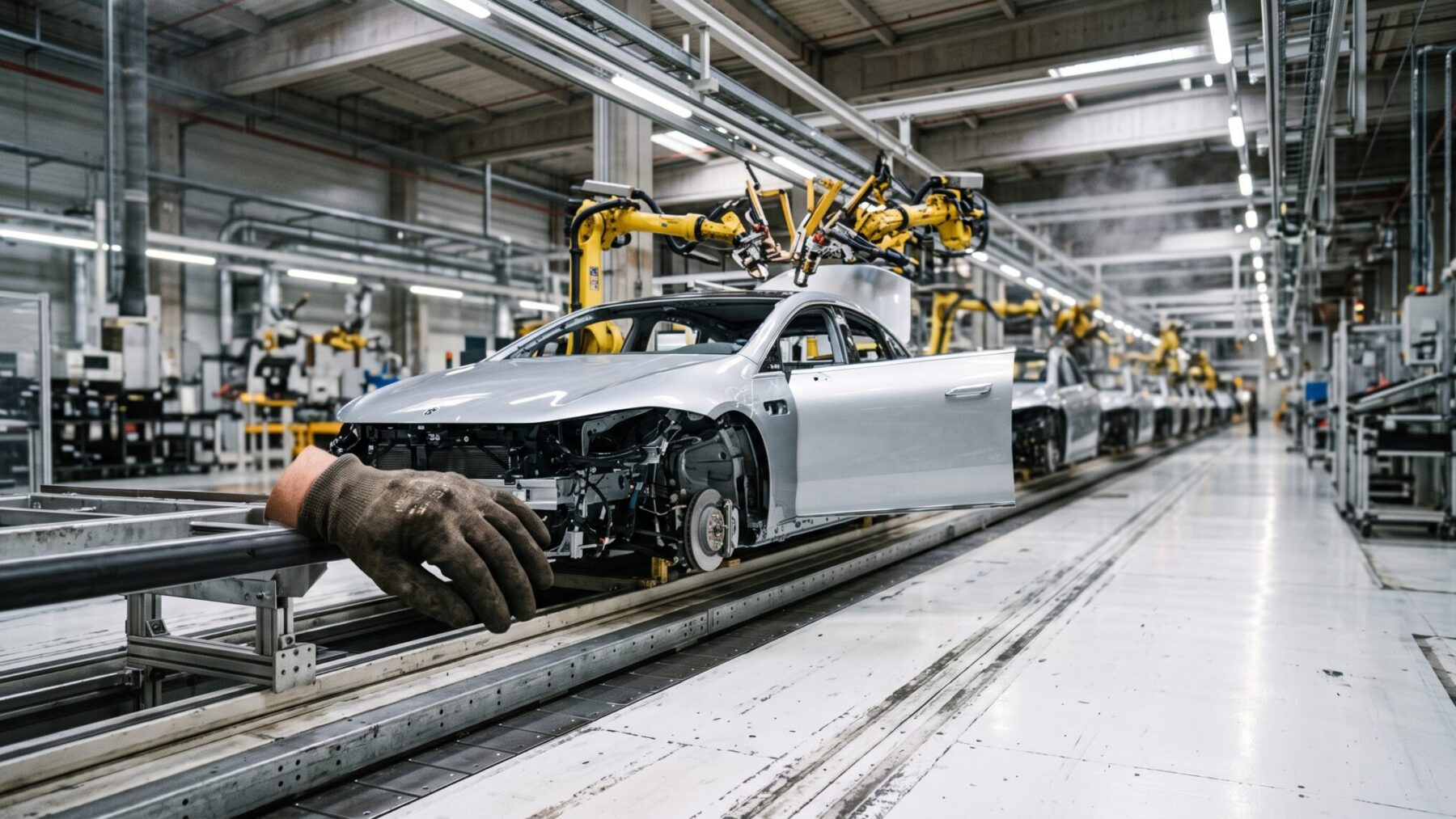 Electric sedan on a Munich factory assembly line with robotic arms overhead, century old