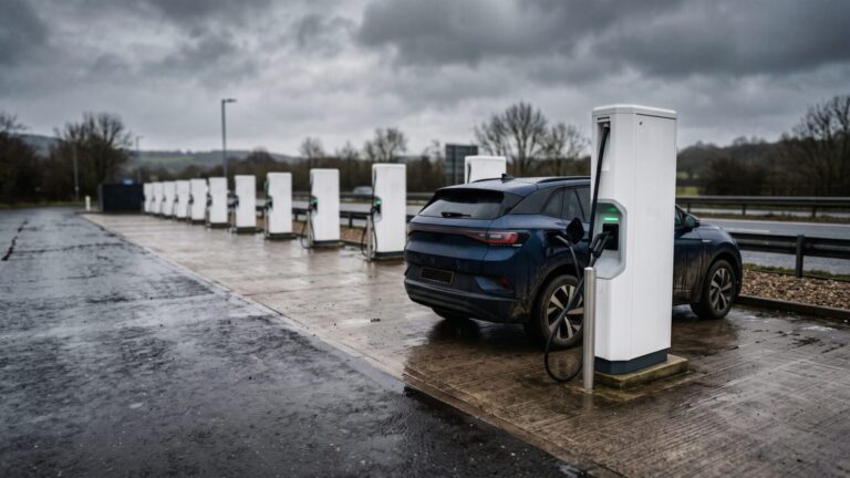 A row of DC fast-charging network stalls with an electric SUV plugged in at a roadside plaza