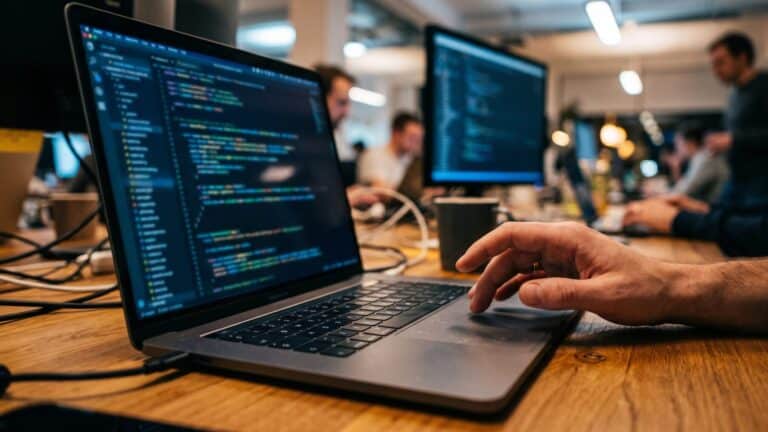 A hand on a laptop keyboard running AI coding software in dim office light, cognition ai