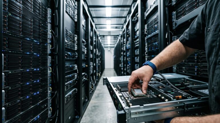 Technician installing a server CPU inside a data center rack, data center revenue