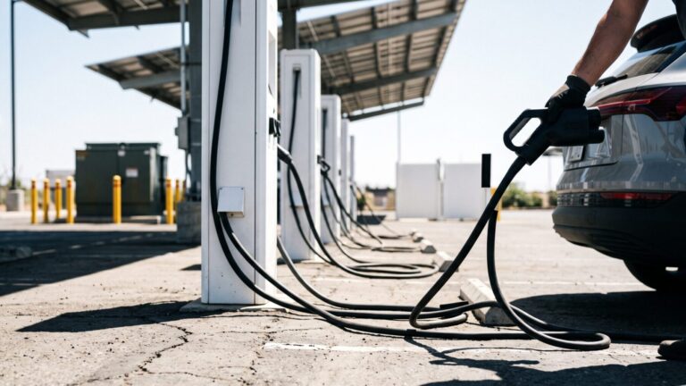 demand charges at a public DC fast charger station with cables and charging pedestal