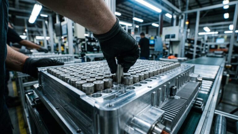 Technician handling battery cells on a domestic battery supply chain production line