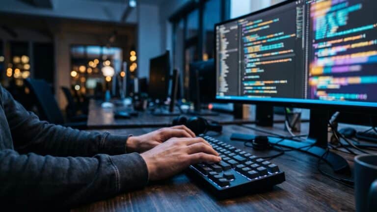 developer hands at keyboard with enterprise AI spending code on screen