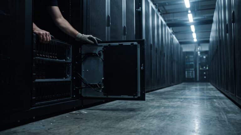 Dimly lit data center corridor showing idle server racks and cloud waste
