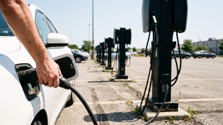 Public EV charger siting in a sunny parking lot with a hand plugging in a charging cable