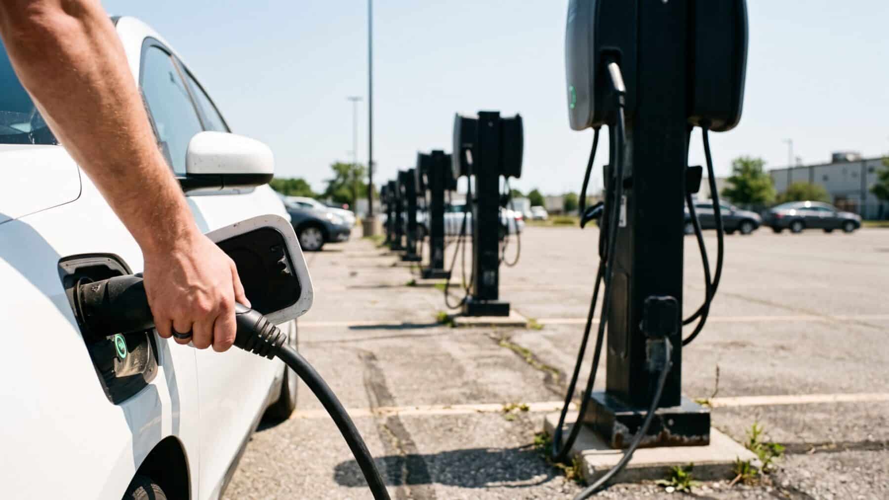 Public EV charger siting in a sunny parking lot with a hand plugging in a charging cable