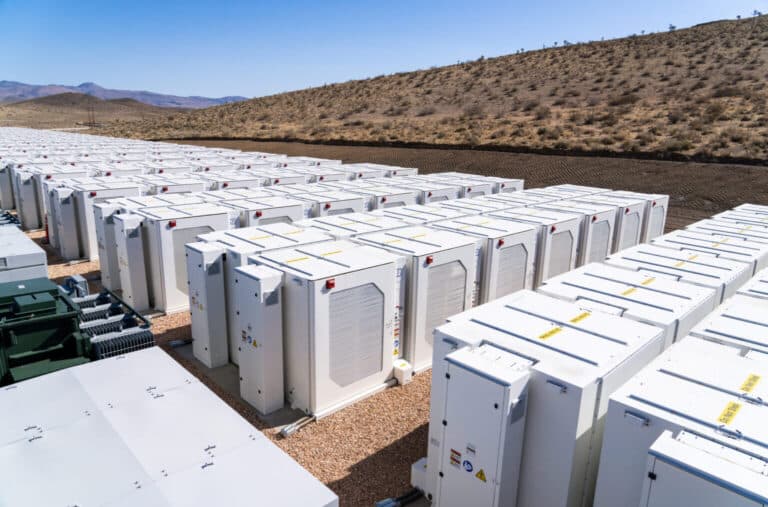 Rows of battery storage enclosures at a utility-scale facility, battery supply deal