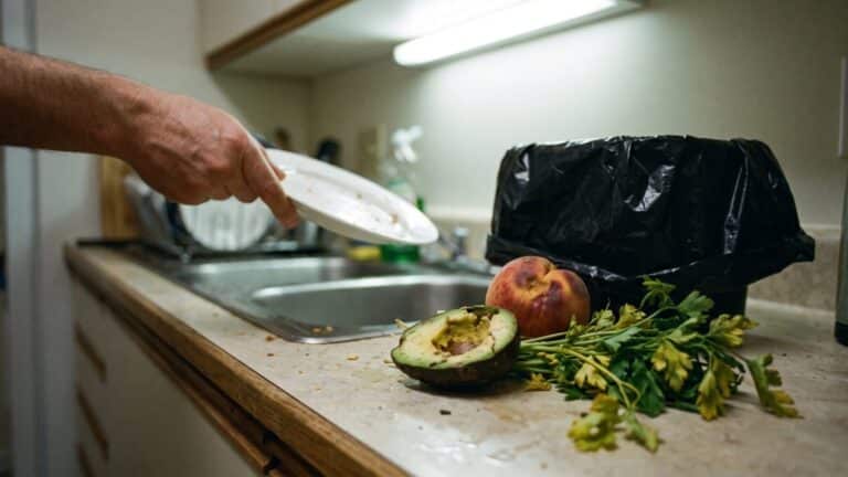 Wilting fresh produce on a kitchen counter illustrating household food waste, food worth