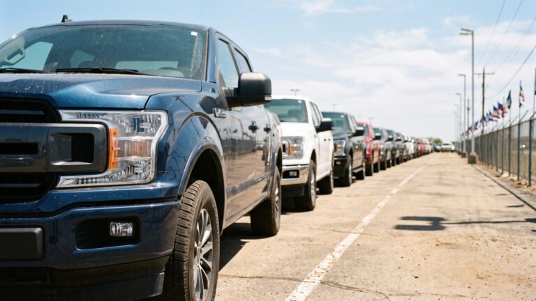 Row of F-Series pickup trucks on a dealer lot illustrating Ford Q2 sales