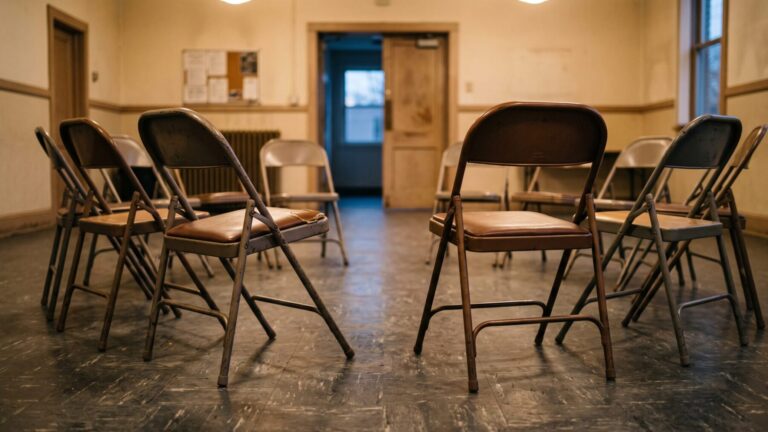 empty folding chairs in a community center, friendship platform gathering space