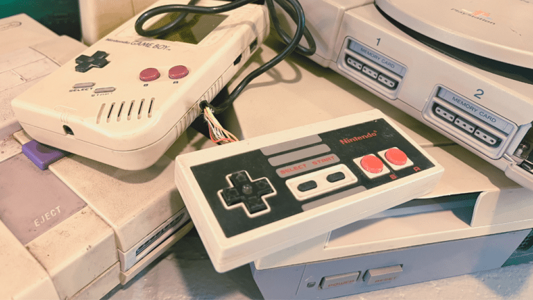 worn game controller on a couch, gaming subscription library glow behind