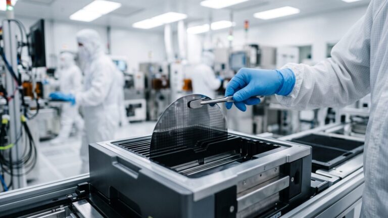Technician handling a silicon wafer during chip sales record year