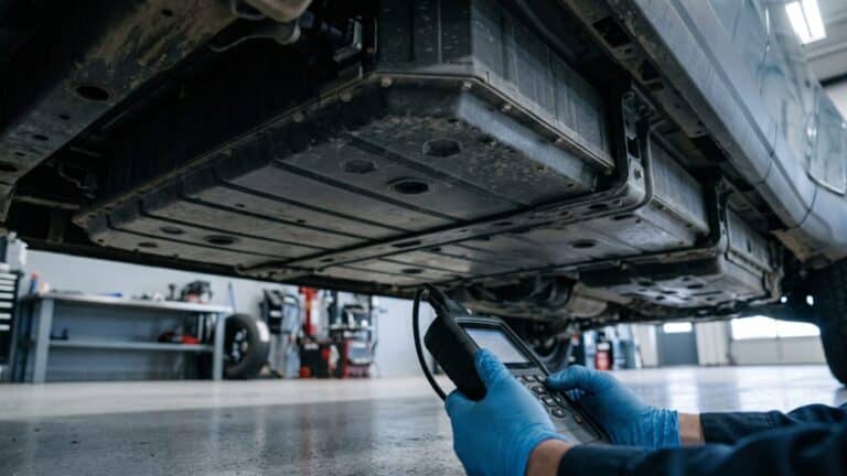 Technician inspecting electric pickup truck battery pack during battery fire recall service, gm begins