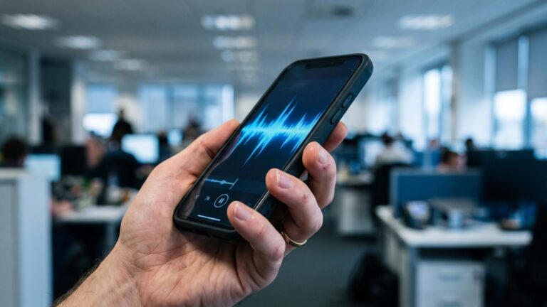 Hand holding smartphone showing Gemini Live voice interface in office, google rolls