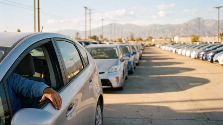 California dealership lot filled with hybrid SUVs showing record hybrid market share, hybrids captured