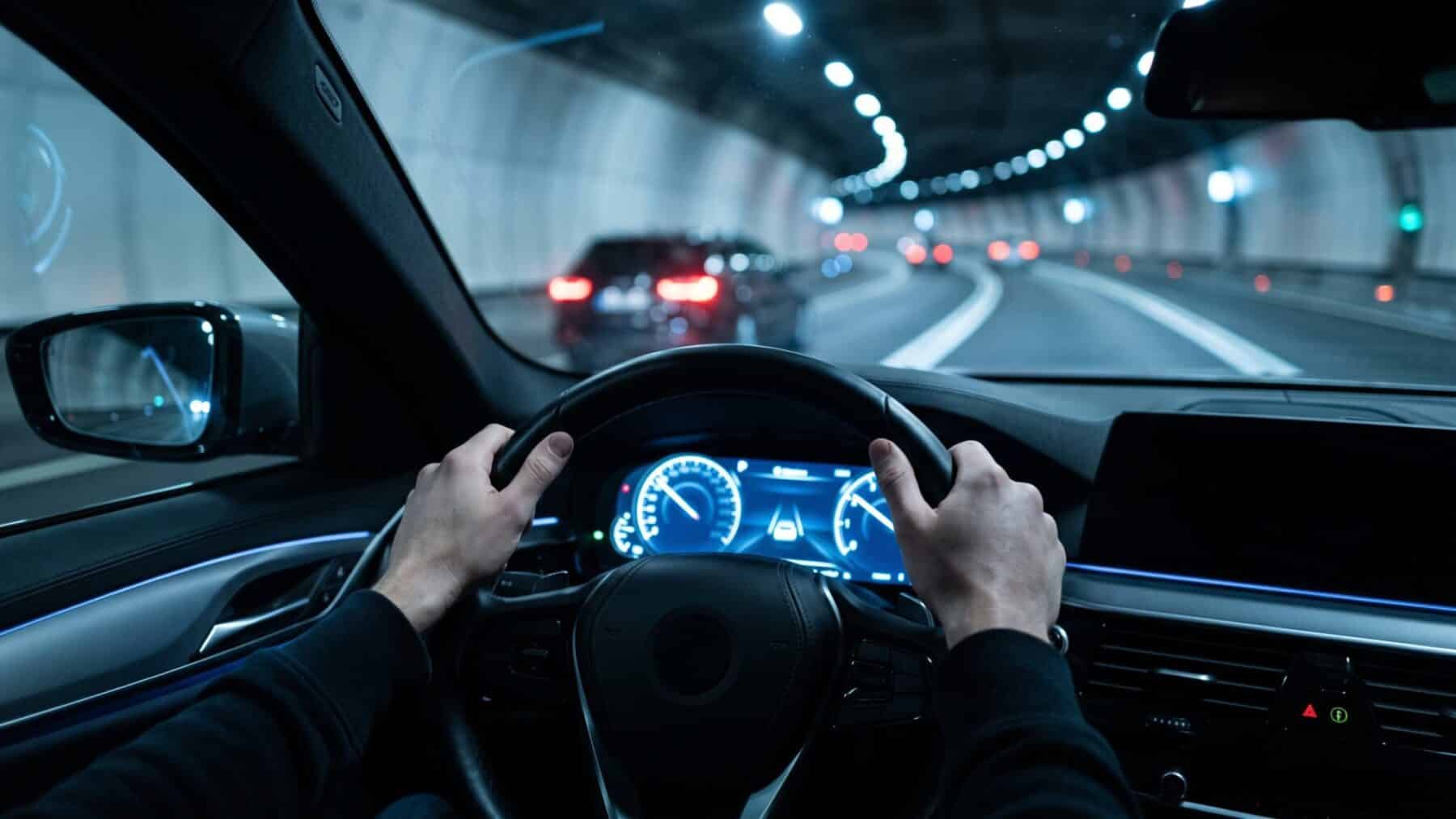 Sedan steering wheel and glowing driver-assist dashboard display