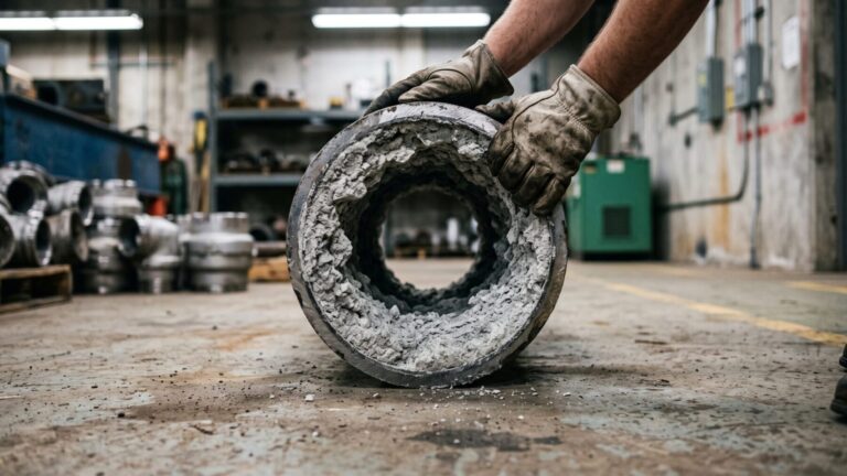 Thick silica scale crust on interior wall of a geothermal power plant pipe, inside 50