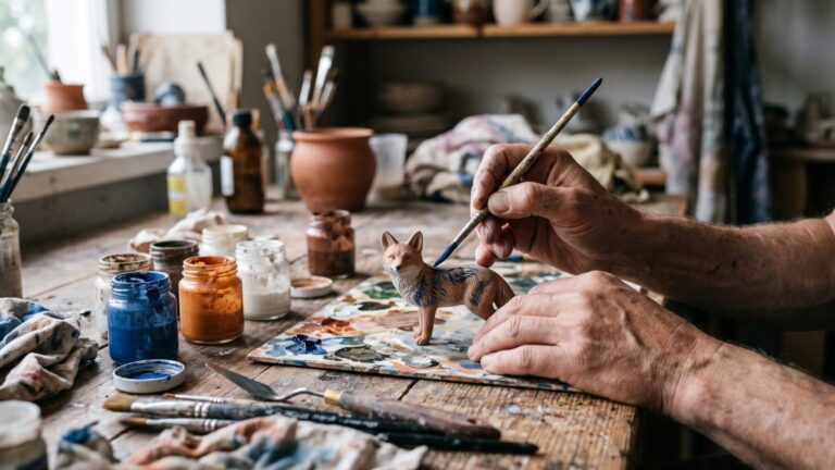 Adult hands painting a ceramic figure, leisure crafting hobby activity, intentionally shaping