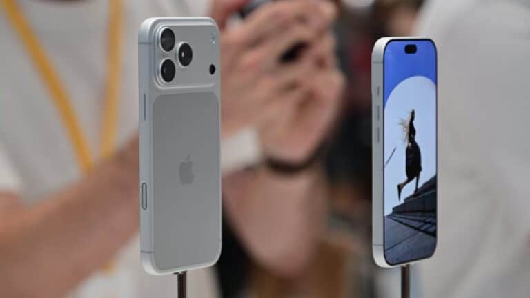 Close view of iPhone 18 Pro lying on grey surface under studio light