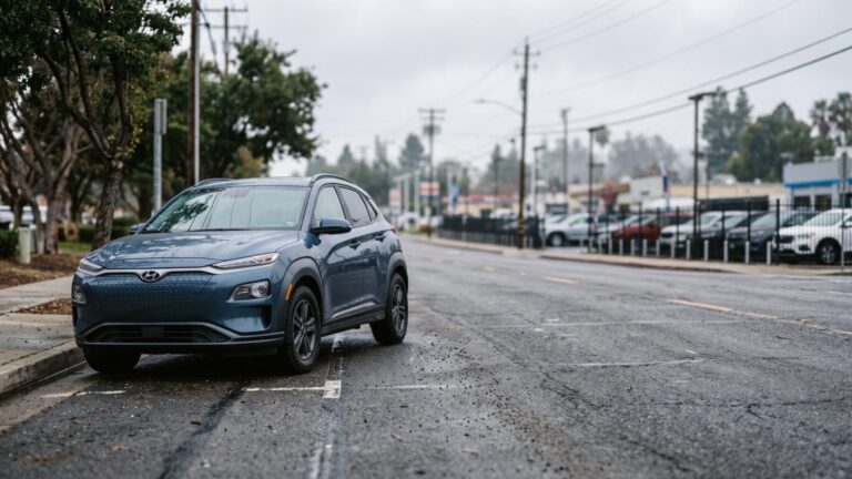 Compact electric SUV at a US dealership in overcast light