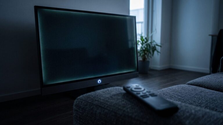 Smart TV microphone standby indicator light glowing in a dark living room, lg oled