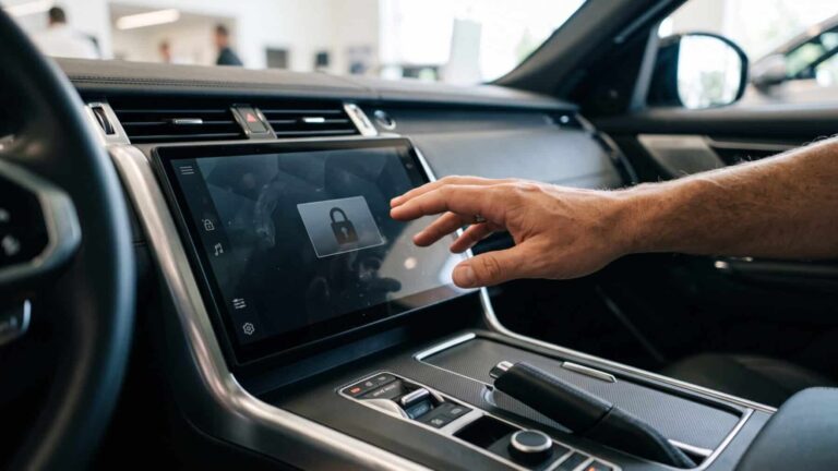 Dark unresponsive car touchscreen showing memory chip shortage impact
