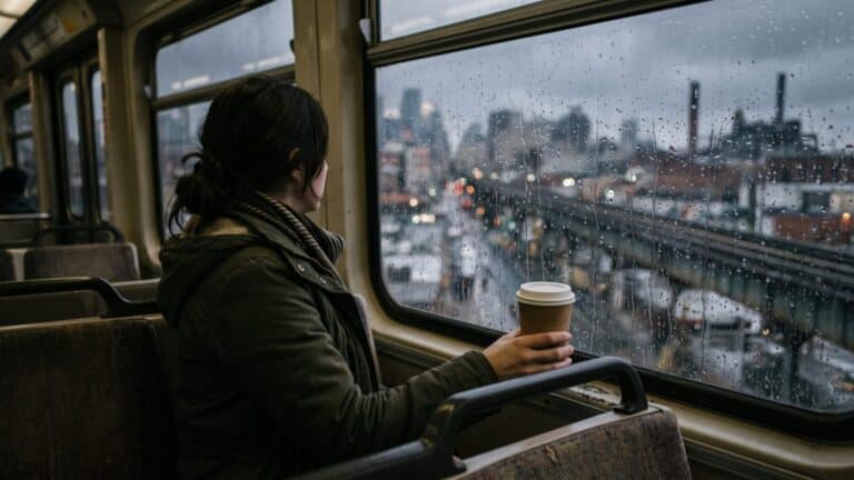 A commuter gazing out a rain-streaked train window during a moderate commute