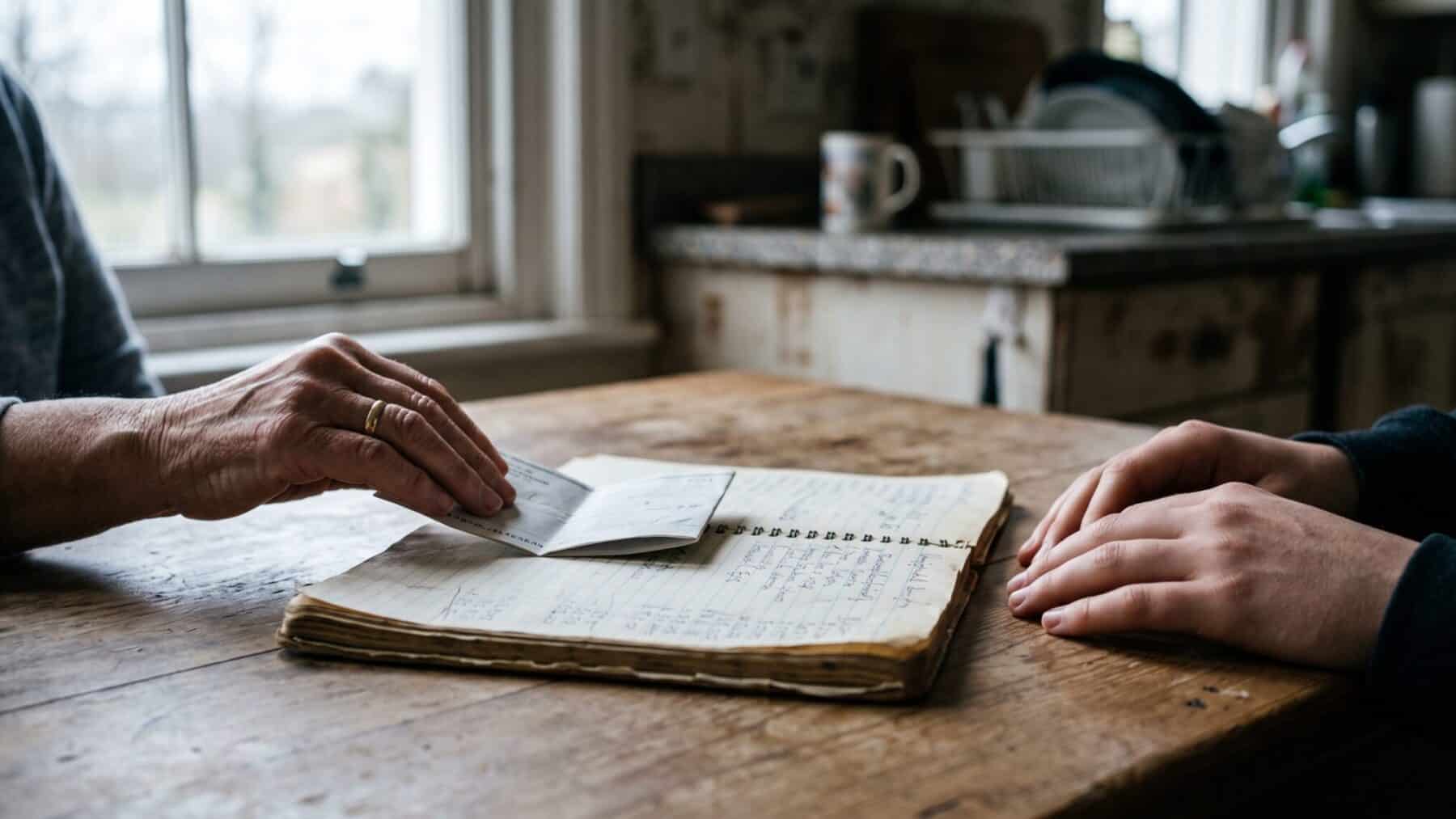 Hands writing on a household budget spreadsheet at a kitchen table, more than