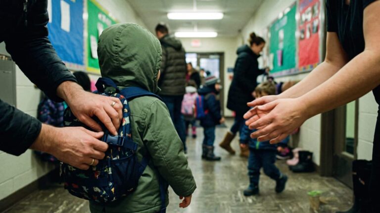 Adult hands supporting both a child and an elderly person, representing the sandwich generation, nearly one