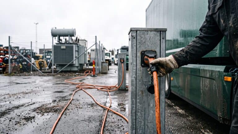 Industrial EV charging depot with heavy-duty charging cable and substation