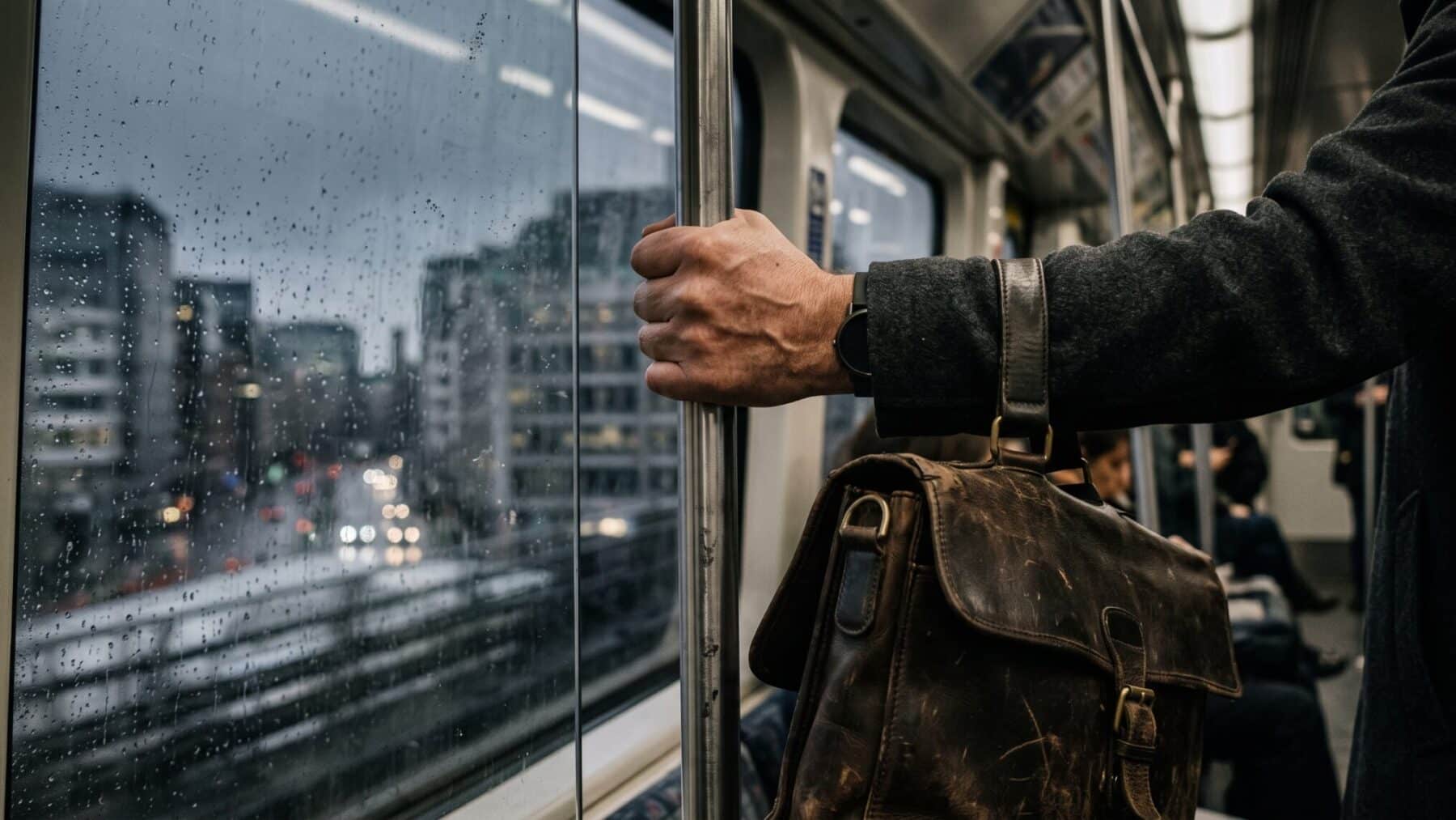 office worker gripping commuter rail grab rail with laptop bag during office return commute, office return costs