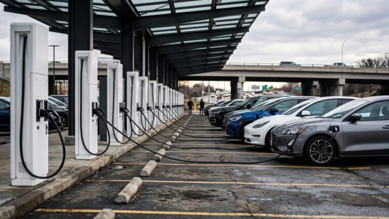Row of DC fast-charging stalls at a highway stop, fast-charging network scene, once building