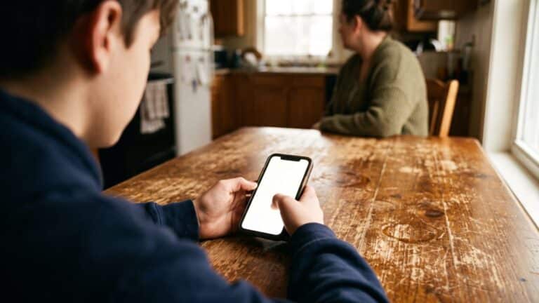 Teen hands holding smartphone with social media feed, parent in background, parents more