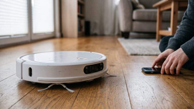 robot vacuum on hardwood floor with amber status light
