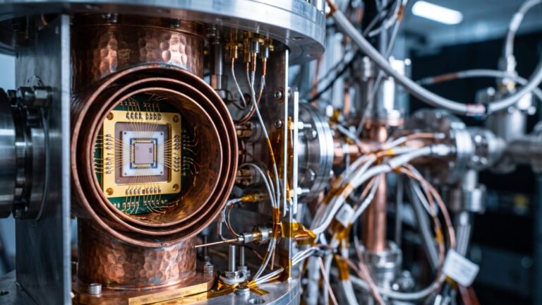 IBM quantum processor chip inside a cryogenic dilution refrigerator in a research lab, quantum circuits