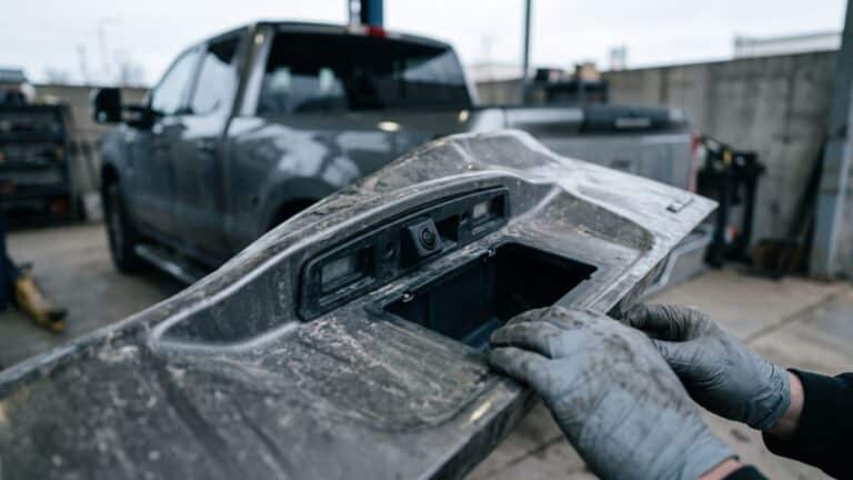 Close-up of a rearview camera mounted on a pickup truck tailgate