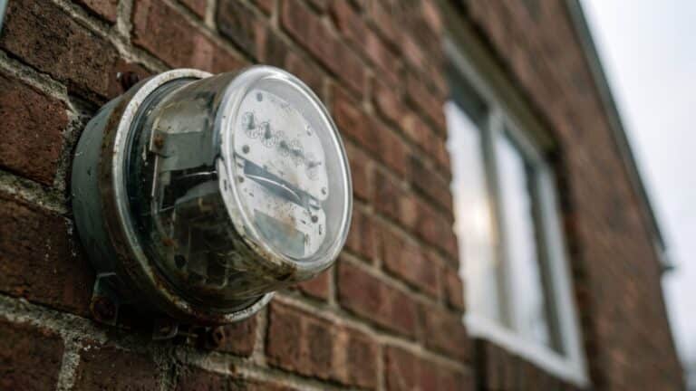 Residential electric meter on a brick house wall, utility rate hike, record 9