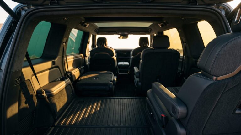 Rivian 2027 R1S second-row captain's chairs interior detail