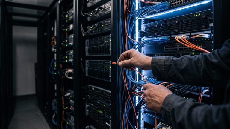 Technician hands connecting cables in a mixed-hardware data center running multi-silicon AI inference, san francisco
