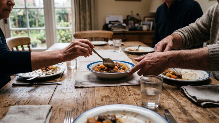 Two people's hands reaching for shared food at a dining table, illustrating shared meals research