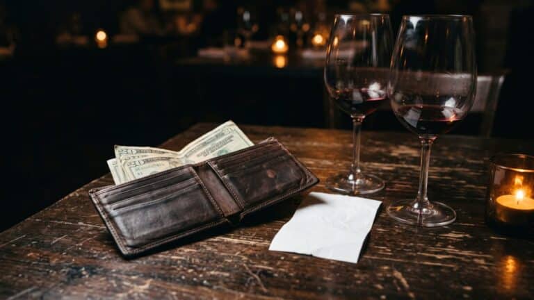 Open wallet beside a restaurant check illustrating date-flation costs, single night