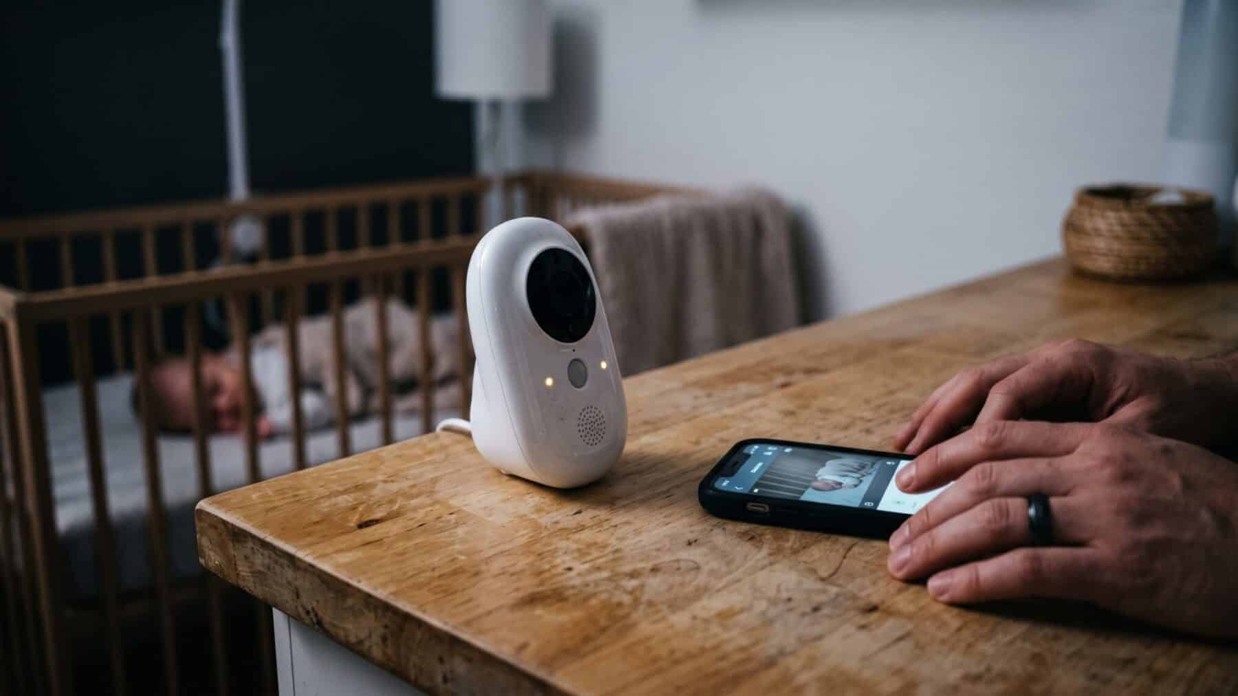 Smart baby monitor on nursery counter beside a glowing smartphone app