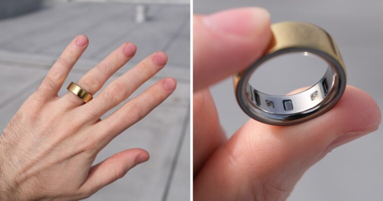 Smart fitness ring on fingertip with locked app screen in background