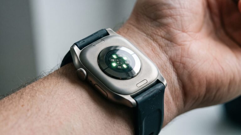smartwatch heart sensor glowing optical array on wrist underside, smartwatch s