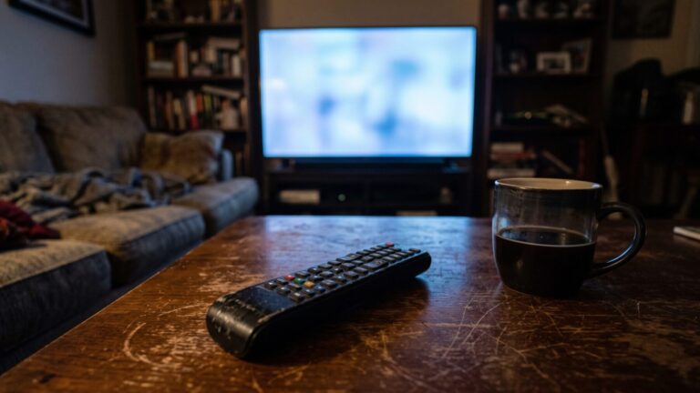 remote on coffee table with streaming costs glowing on TV screen behind, streaming settled