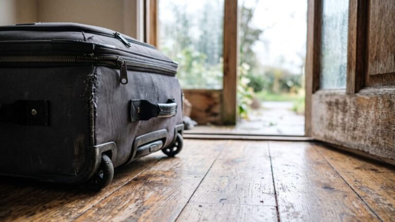 Packed suitcase by open door capturing summer vacation decision