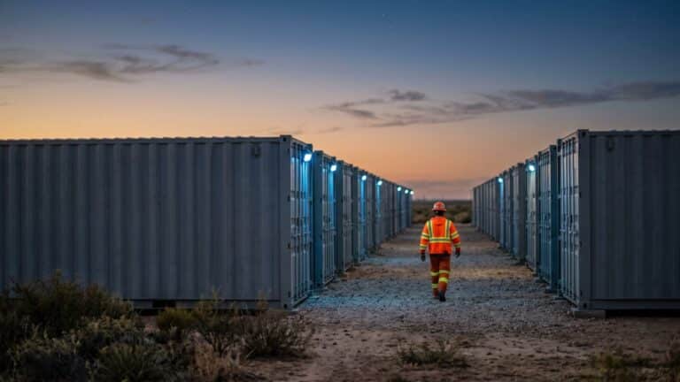 Texas battery fleet containers at dusk in a large grid-scale storage facility