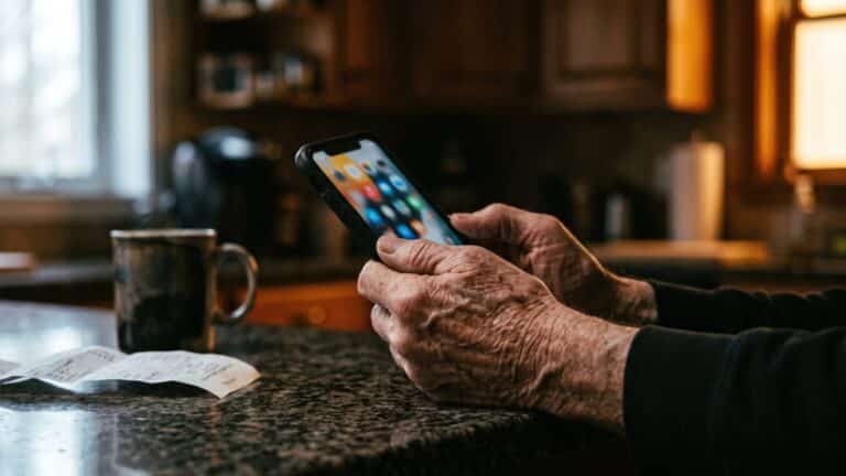 Hands scrolling a smartphone screen showing a grid of app subscriptions