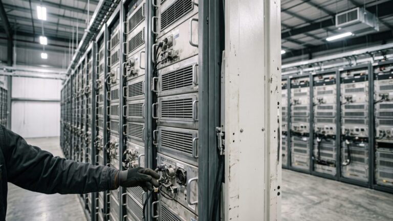 rows of utility-scale grid battery storage cabinets on a desert site, us grid