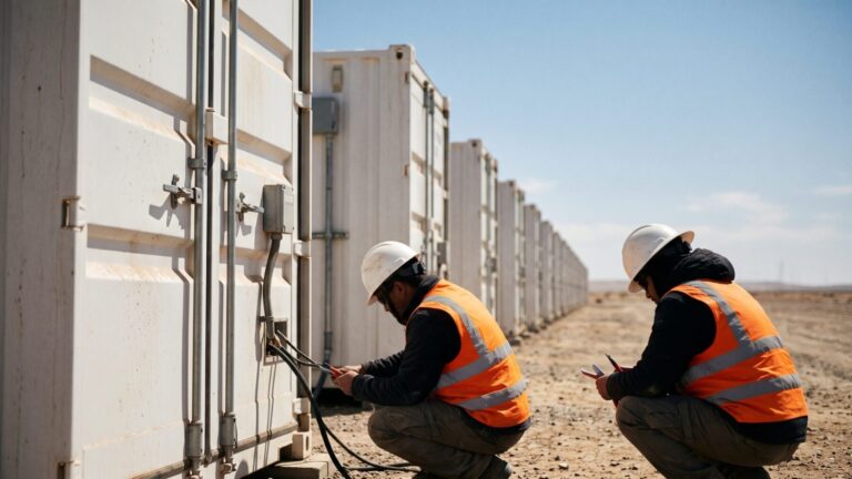 Row of utility-scale battery capacity containers in desert landscape, us utility